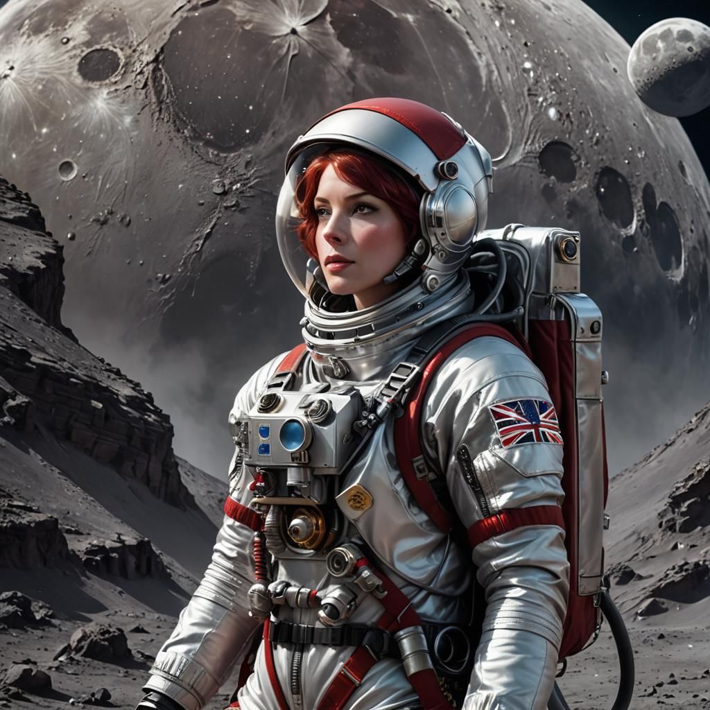 006 A beautiful red haired female astronaut wearing a silver spacesuit on the moon.