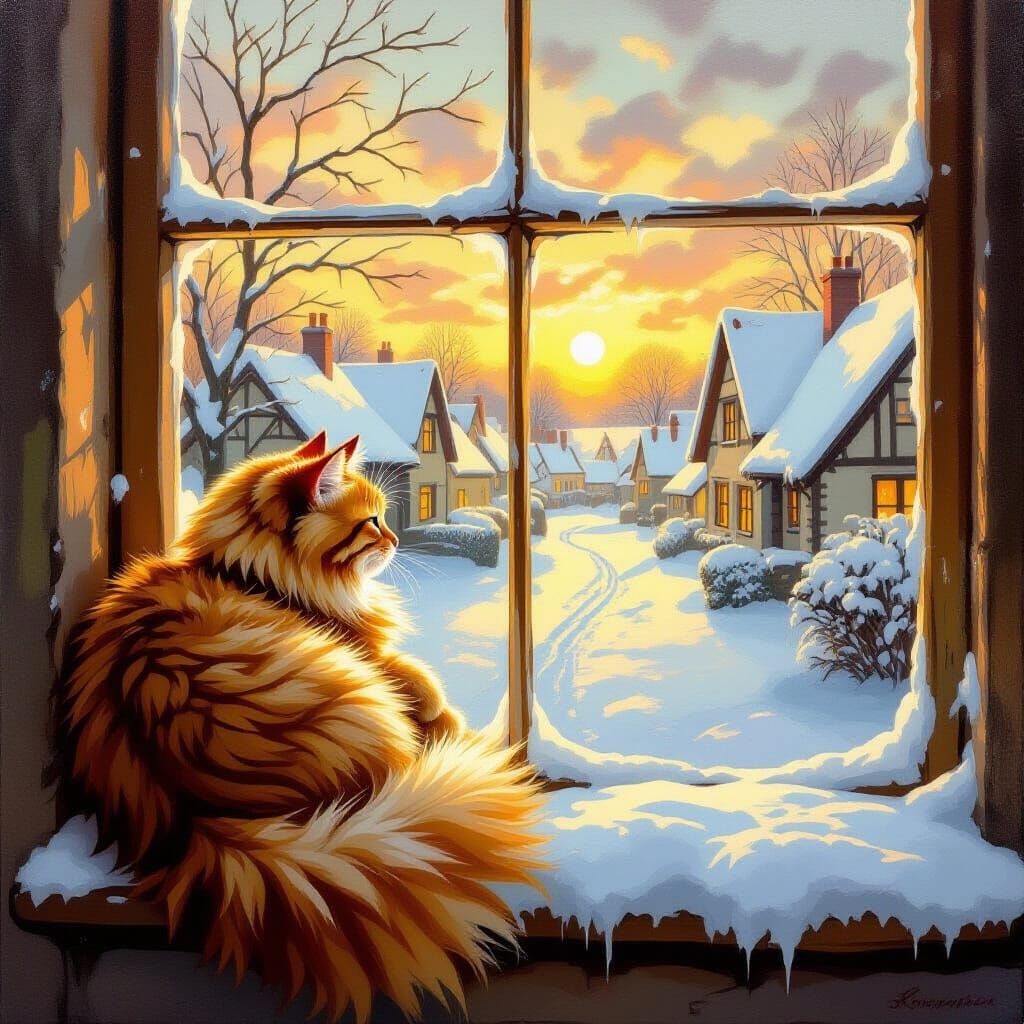 Ginger Cat in Golden Sunset Light on Snowy Sill