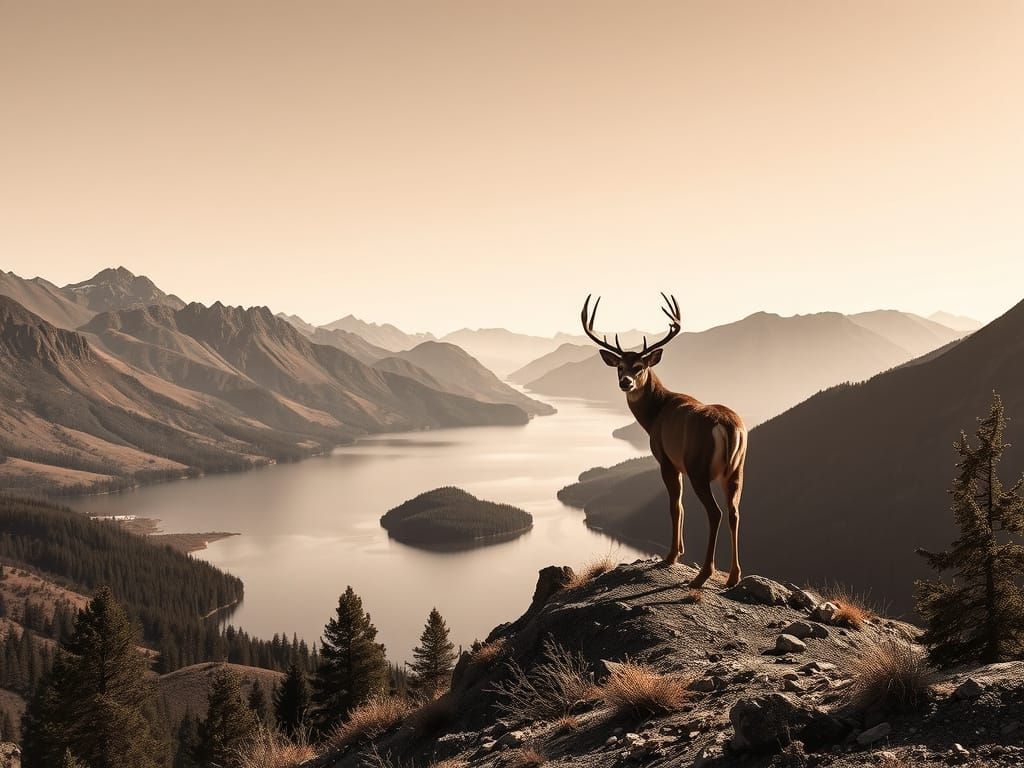 Majestic Buck Overlooks Rusty Brown Lake Landscape
