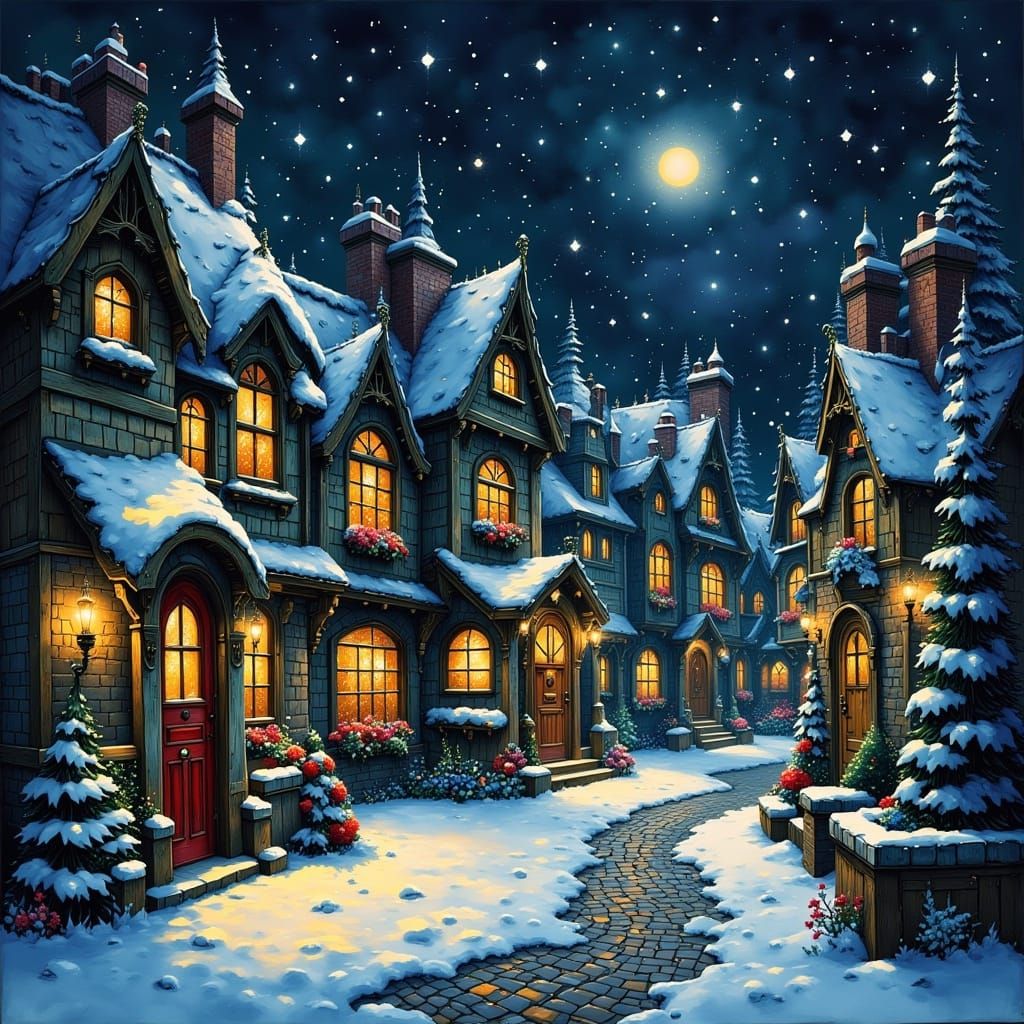 Whimsical Fantasy Houses in Gentle Snowfall