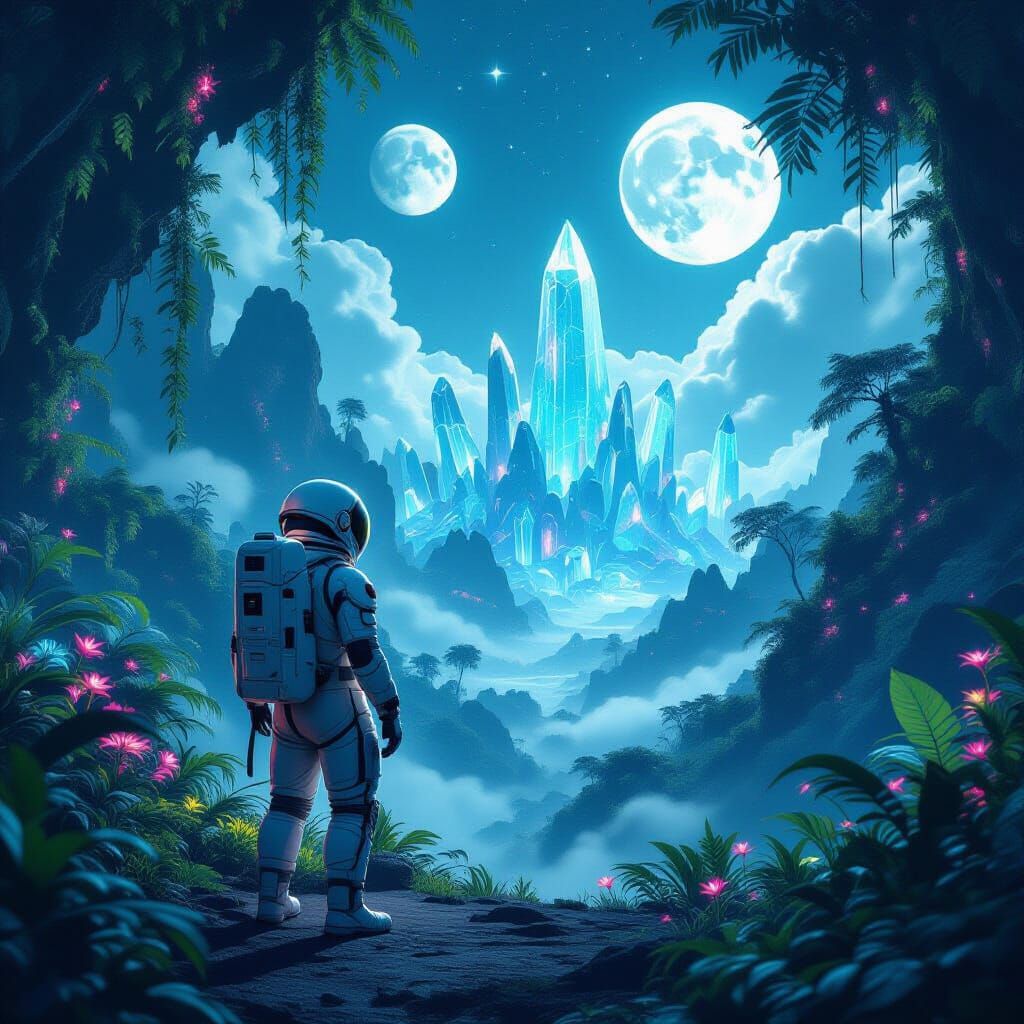 Astronaut in Alien Jungle with Twin Moons