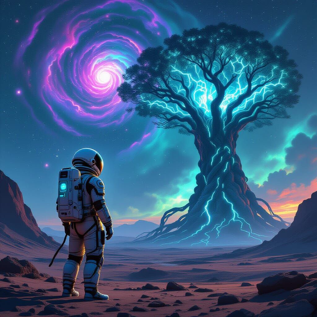 Astronaut Gazes at Bioluminescent Tree on Alien Planet