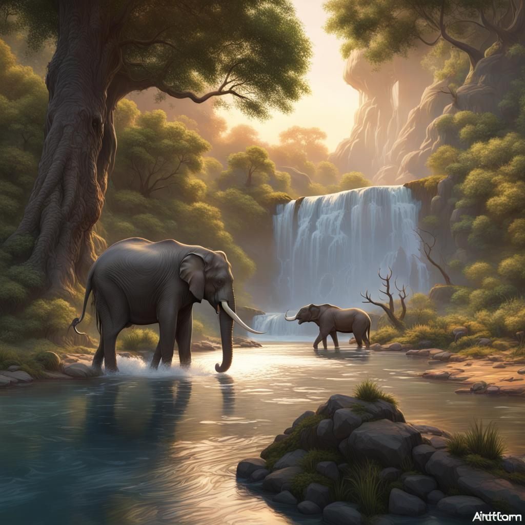 Vibrant Waterfall Scene with Wildlife