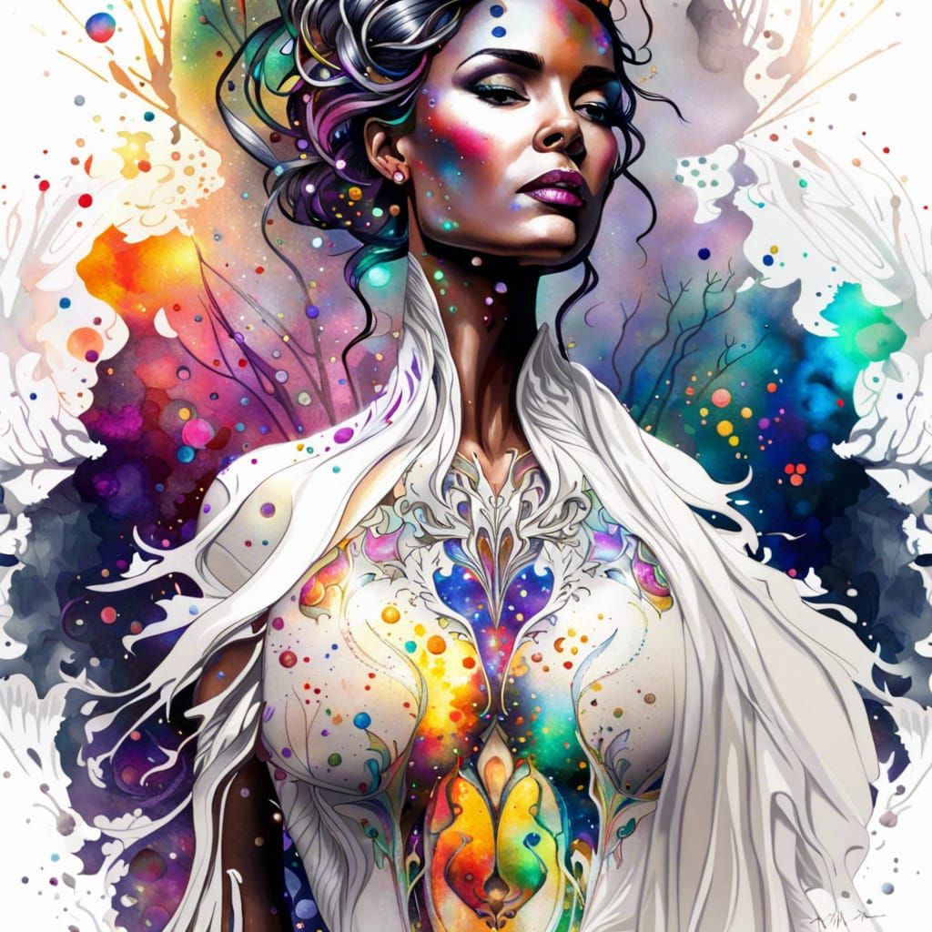 A Beautiful Woman in Crystal Surround, Wearing a Flowing Art...
