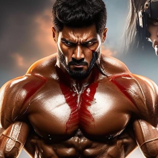 Hyperrealistic Portrait of Determined Man with Bloody Mouth