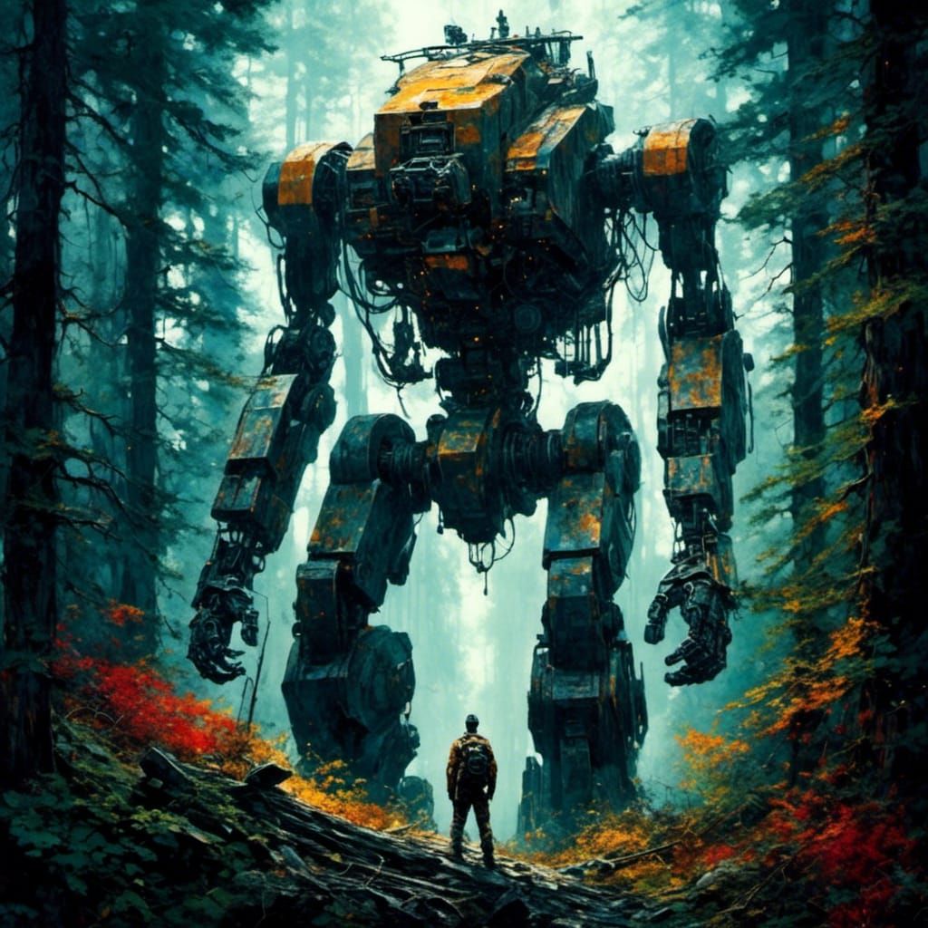 Gigantic Robot Majestically Dominates a Serene Forest Landsc...