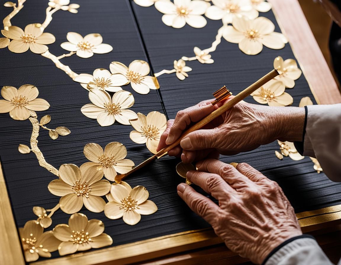 Artisan's Hands Adorn Japanese Folding Screen with Gold Foil
