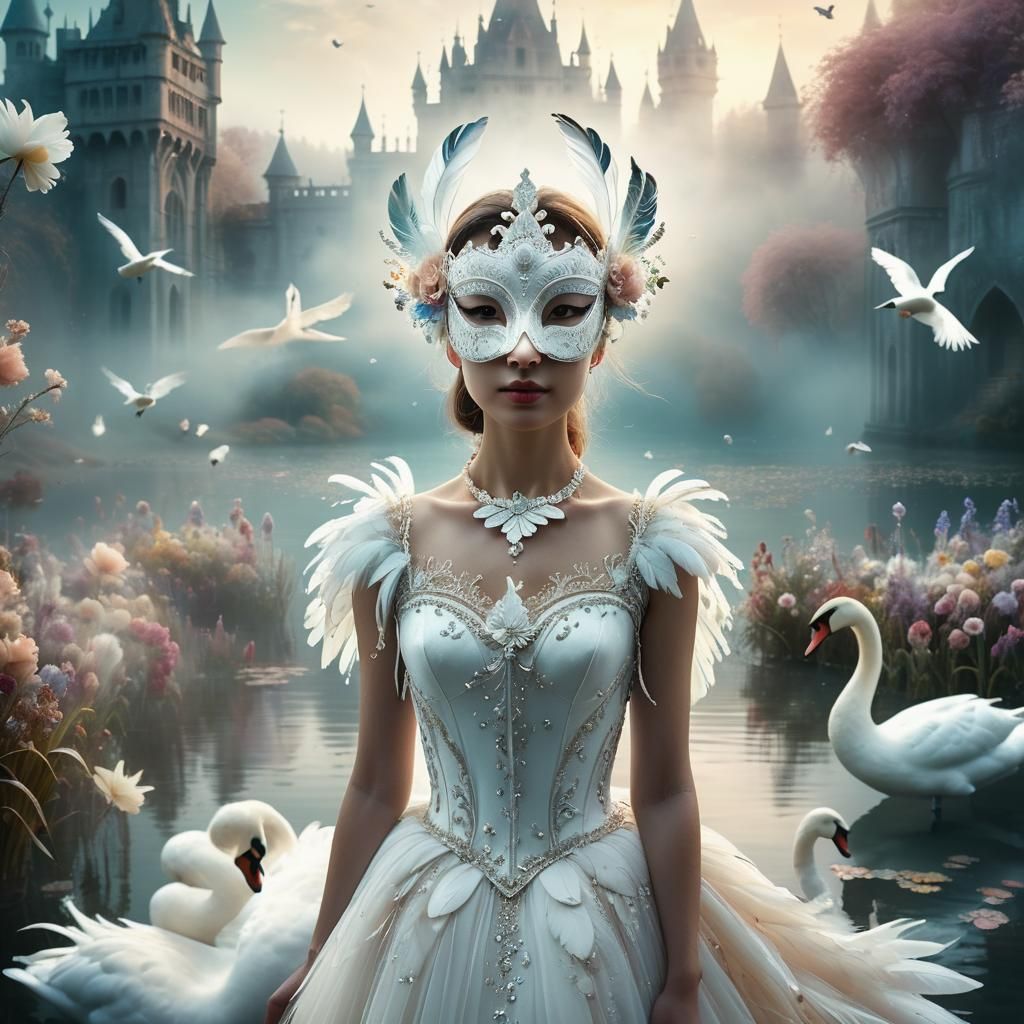 Ethereal Swan Goddess in Mystical Castle Realm