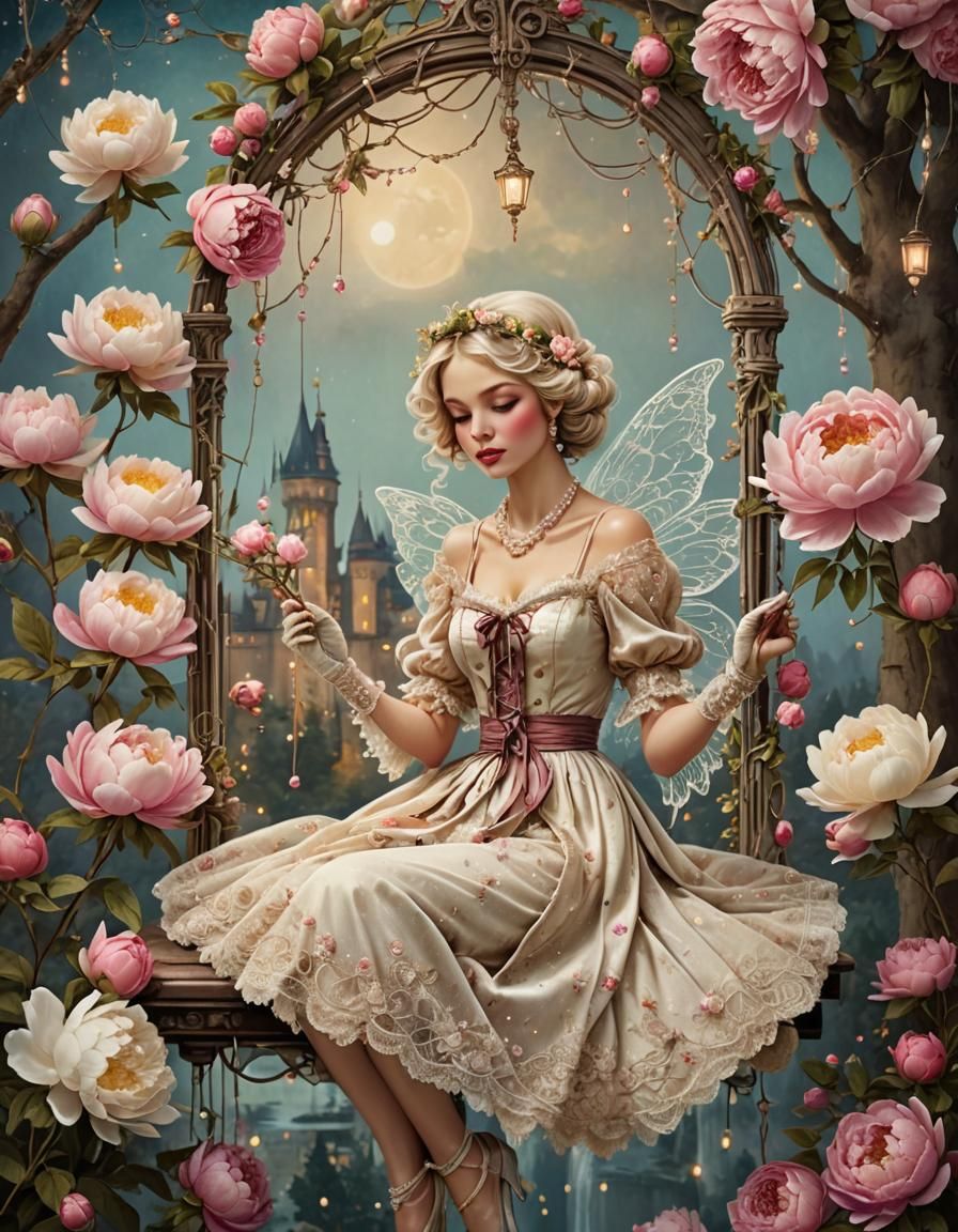 Whimsical Fairy Swings on Peony Floral Swing String in a Gru...