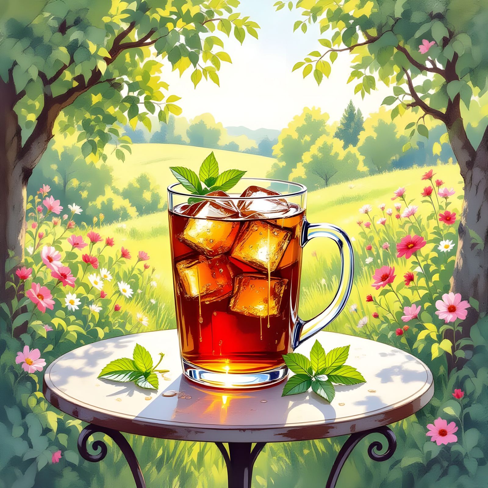 Iced Tea in Orchard, Beatrix Potter Style