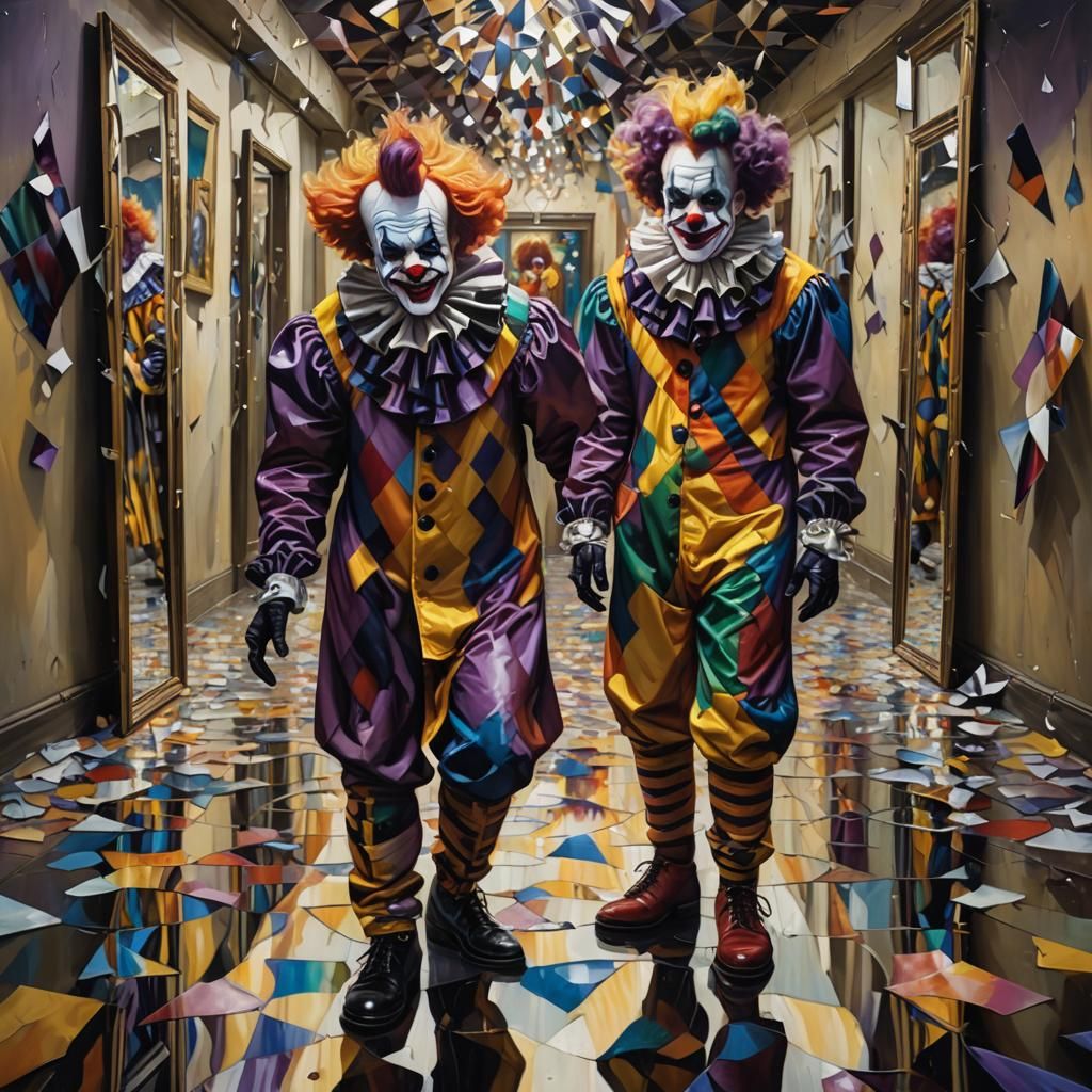 Surreal Harlequin Clown Lost in Broken Mirror Reflections