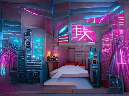 Surreal Cyberpunk Bedroom in Synthwave Aesthetic