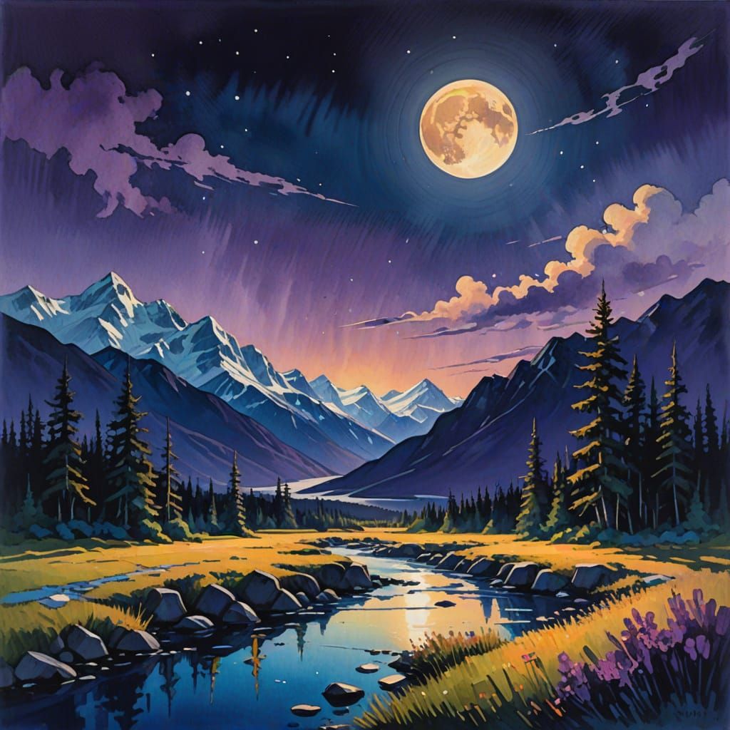 Alaskan Moonlit Landscape in Gouache Style