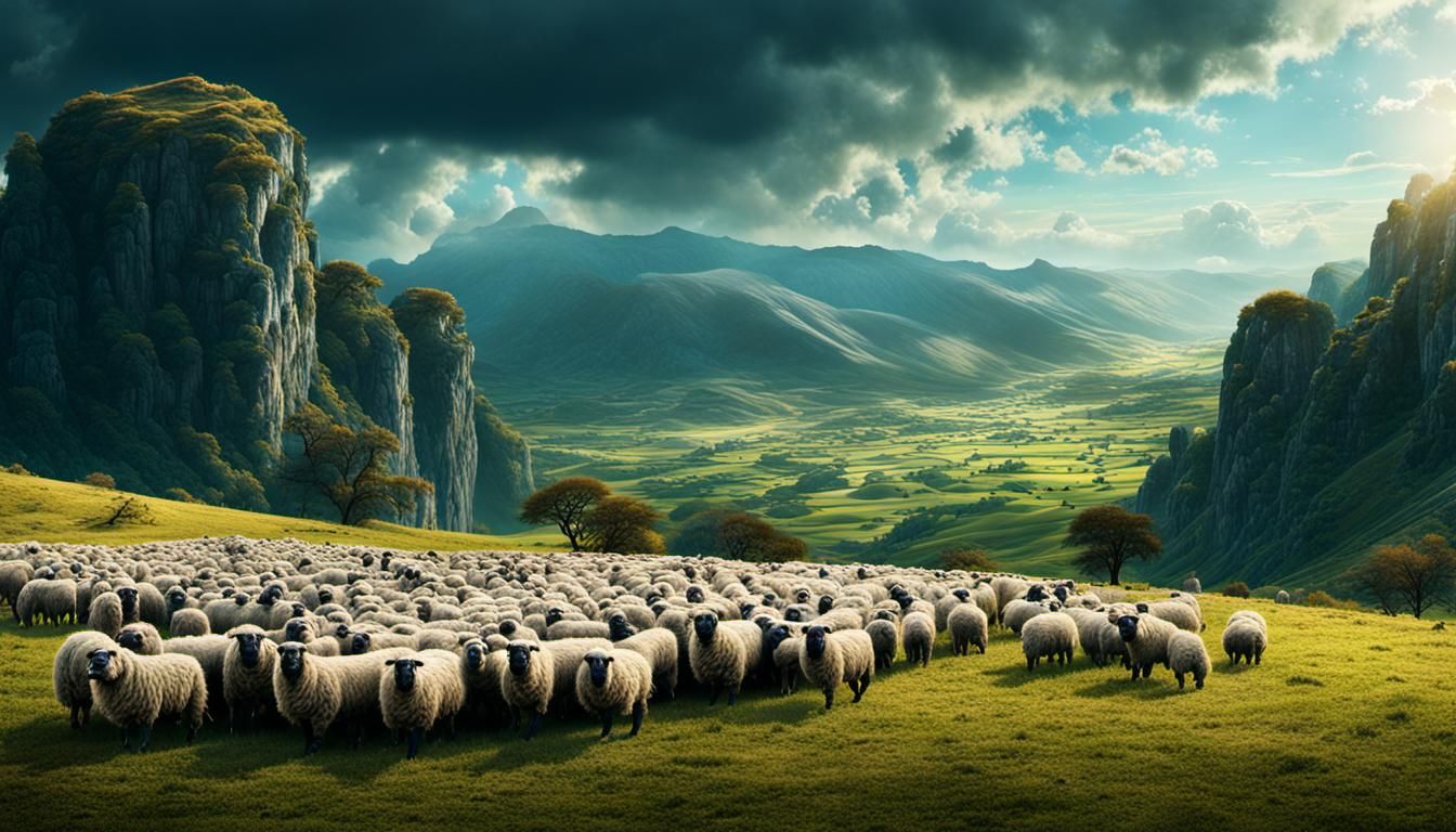 Epic Cinematic Paradise Landscape with Puli Dog and Sheep