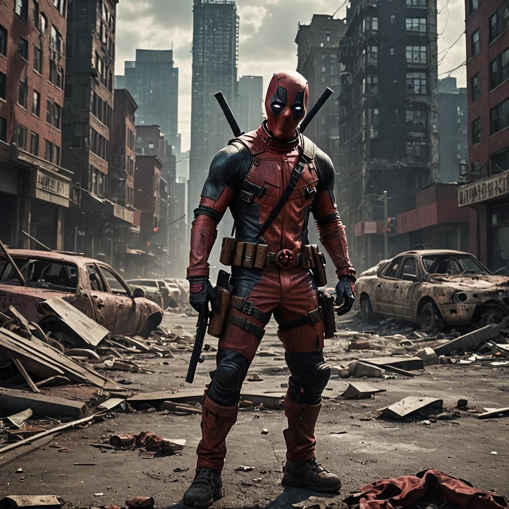Moody Zombie Deadpool in Gritty Post-Apocalyptic Landscape