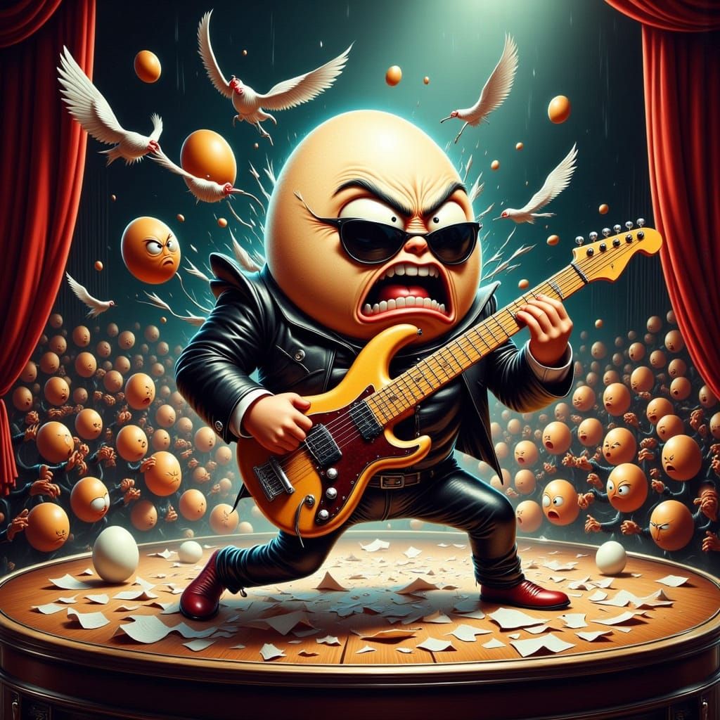 Angry Egg Rockstar Smashes Guitar in Retro Rockabilly Style