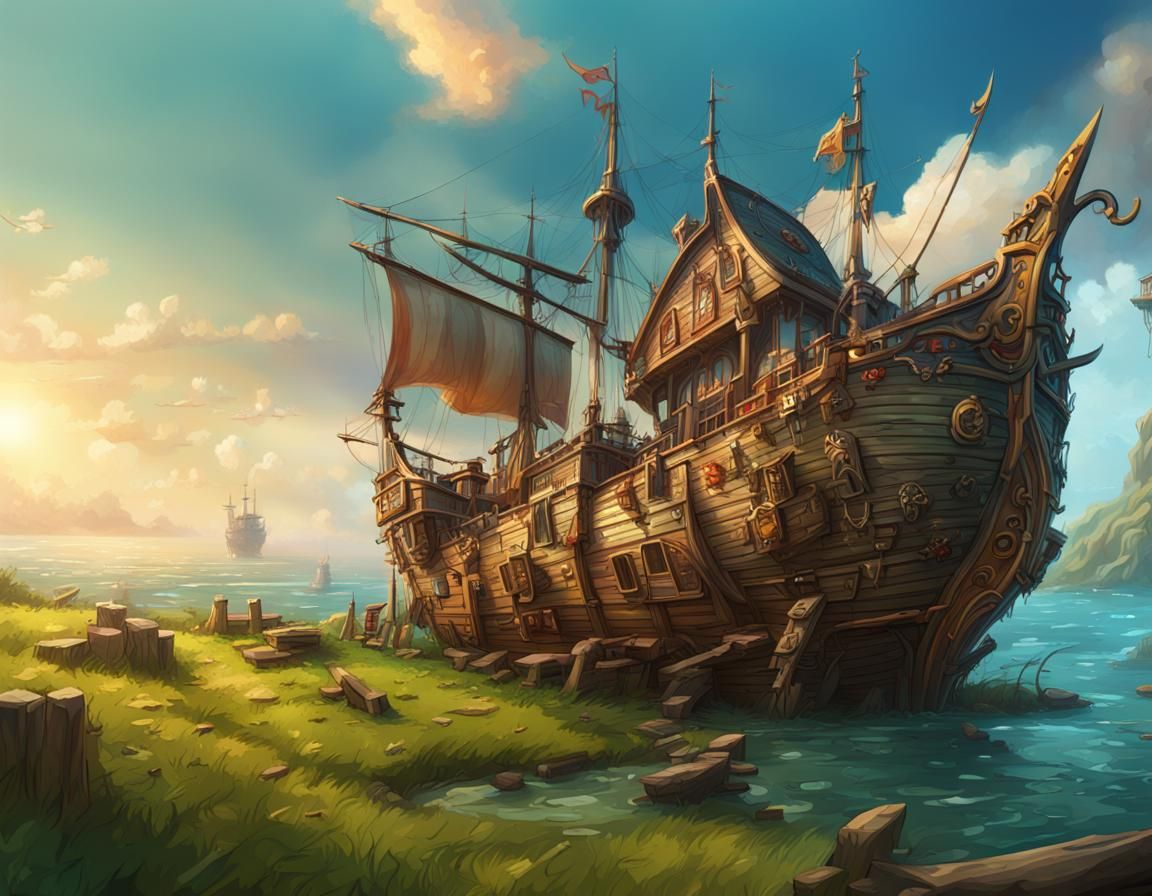 Epic Tavern Ship Amidst a Verdant Landscape