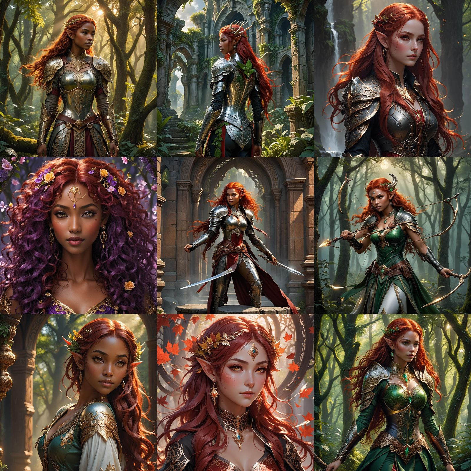 Elegant Elf Maiden with Vibrant Red Locks and Warm Brown Ski...