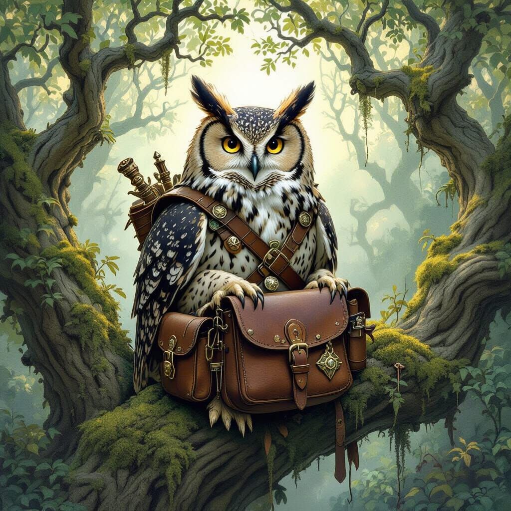 Wise Anthropomorphic Owl in Hidden Grove, Rackham-Froud Styl...