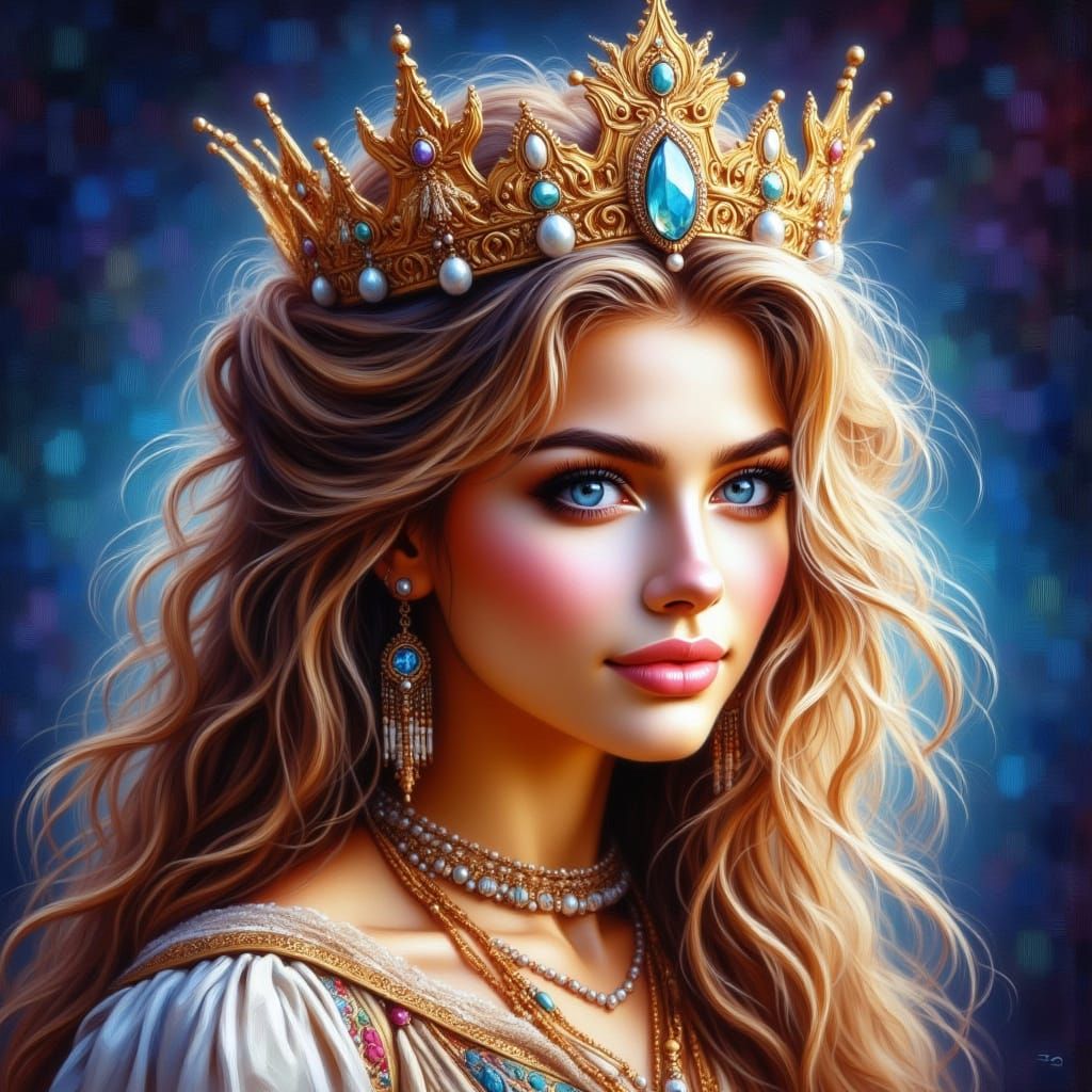 Princess Wearing Ornate Pearl and Gemstone Crown
