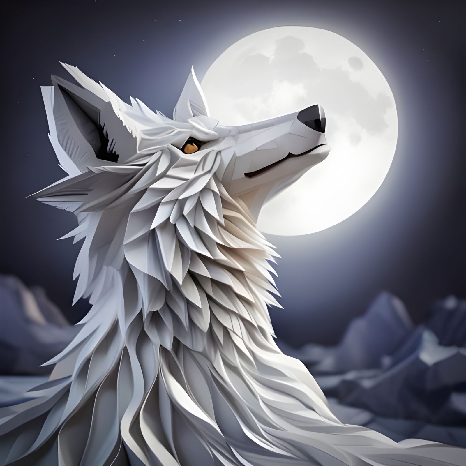 Paper Sculpture of a Wolf in a Fantastical Lunar Scene