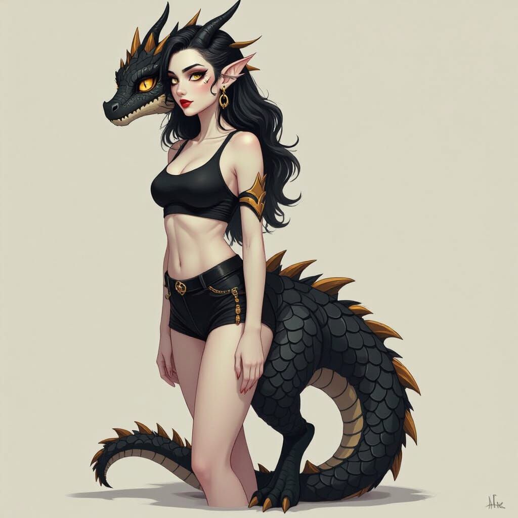 Half-Dragon Woman with Golden Accents, Digital Art
