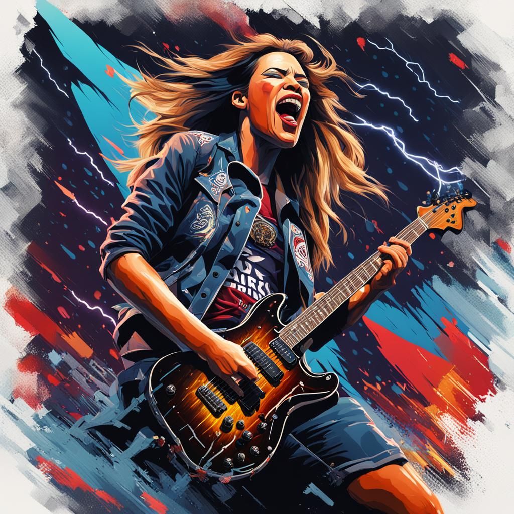 Create an hyper realistic image with "Suzy quantro "as a roc...