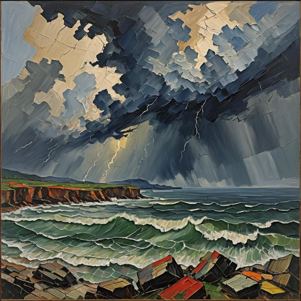 Impasto Thunderstorm Seascape with Bold Brushstrokes