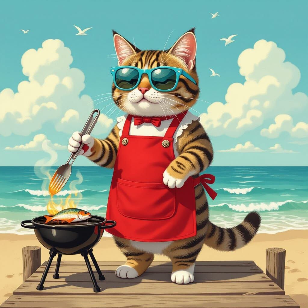 Anthropomorphic Tabby Cat Grilling Fish on Pier, Whimsical A...