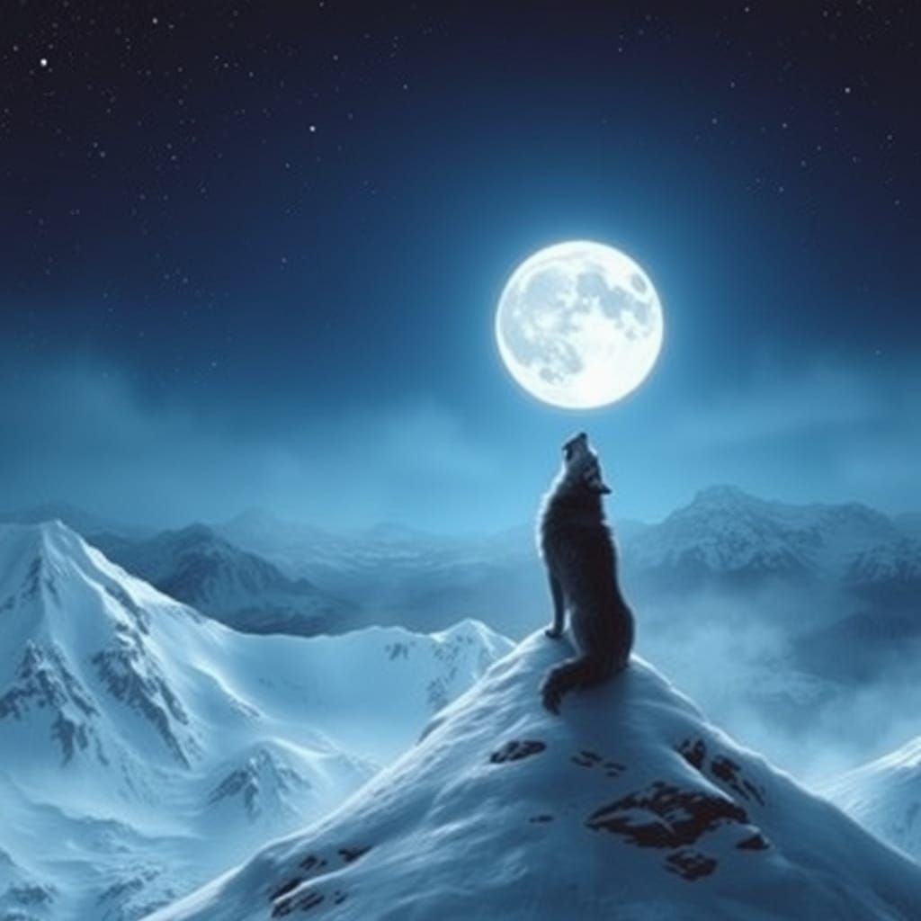 Lone Wolf Howling at Moonlit Peak