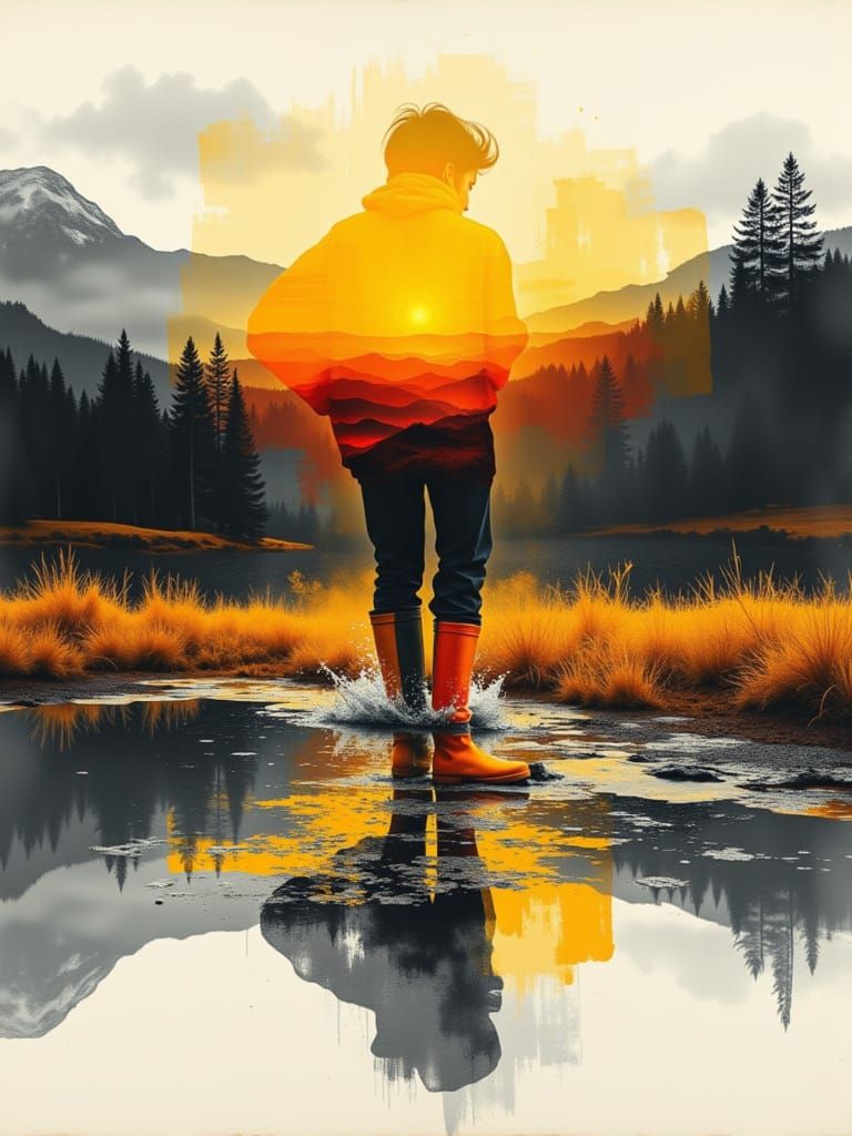 Double Exposure Watercolor: Person in Summer Rain with Natur...