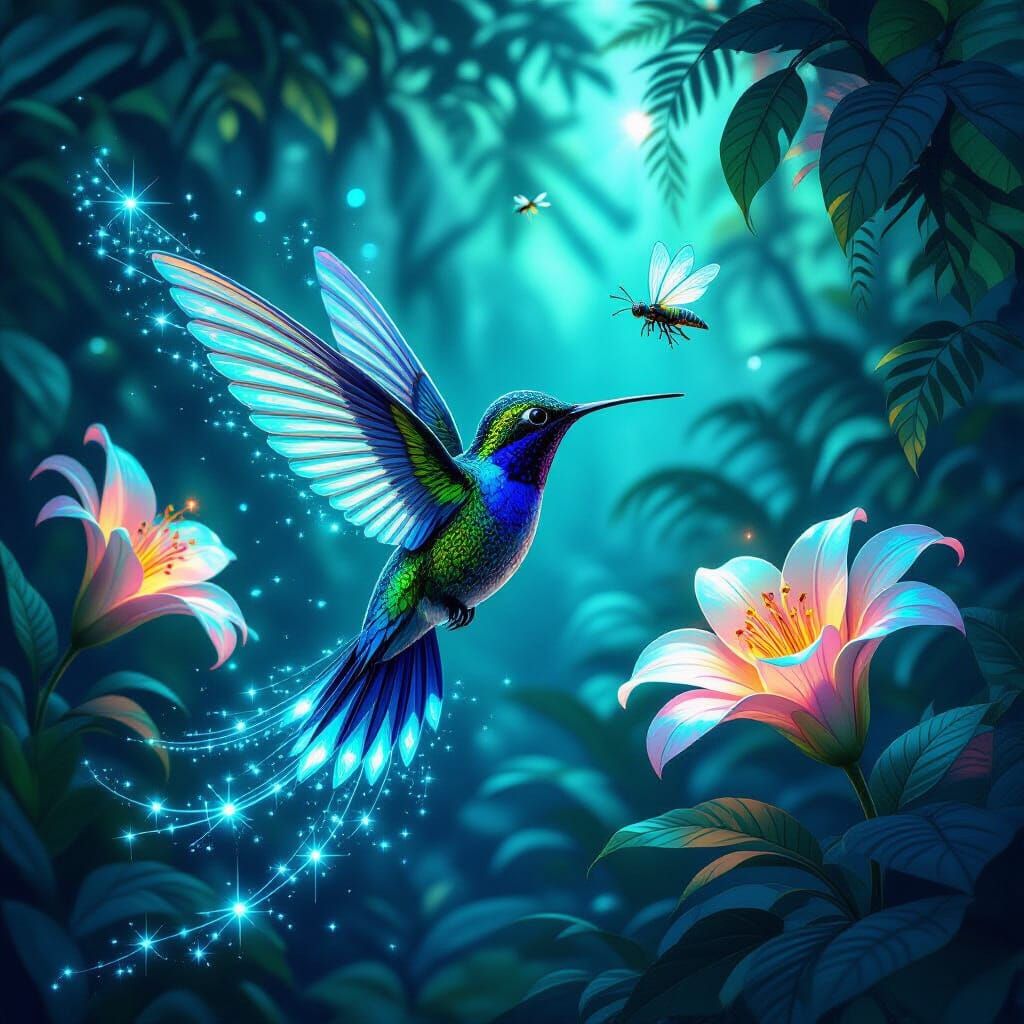 Bioluminescent Hummingbird in Alien Jungle, Digital Art