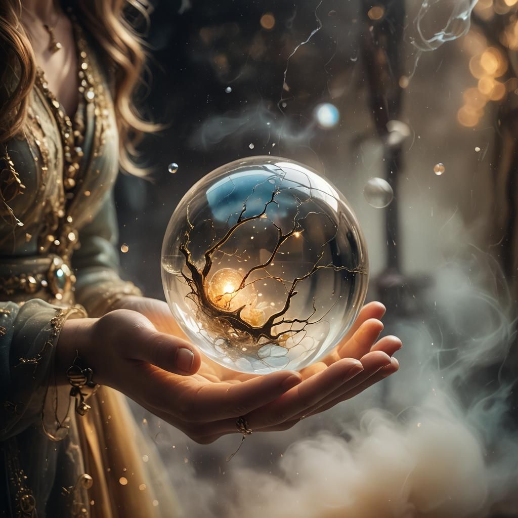 Woman's Hand Holds a Glowing, Cracked Orb amidst Whispers of...