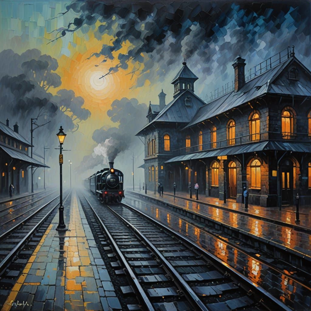 Neo-Impressionist Oil Painting Of An Old Stone Train Station