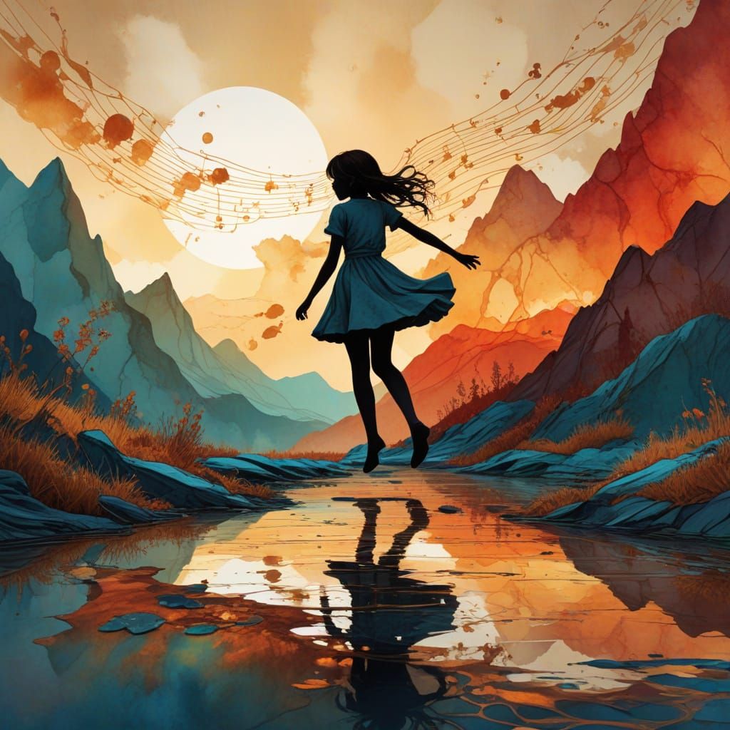 Magical Sheet Music and Child's Silhouette at Sunset