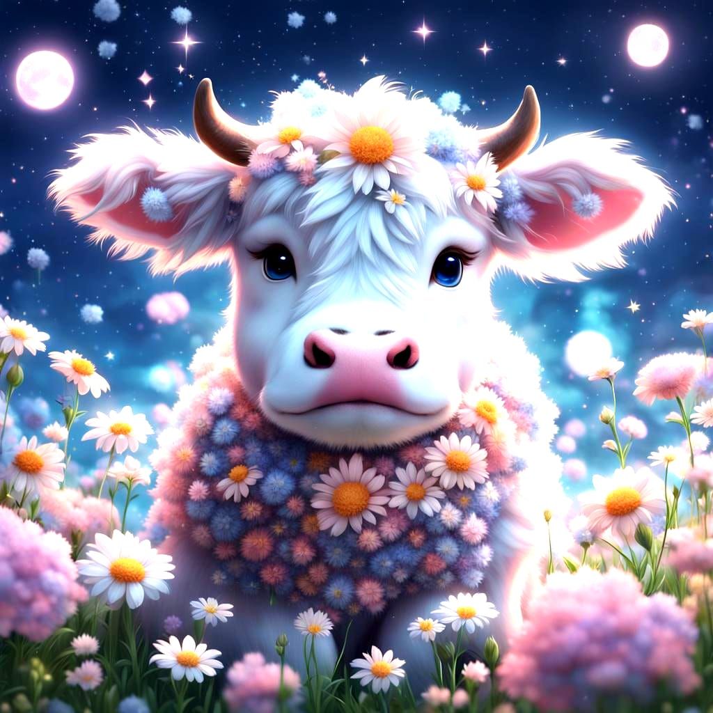 Adorable Baby Fluffy Cow in Celestial Surroundings