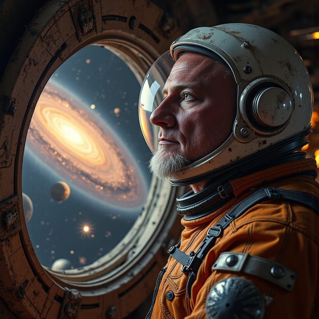 Aged Astronaut Contemplates Binary Star System in Futuristic...
