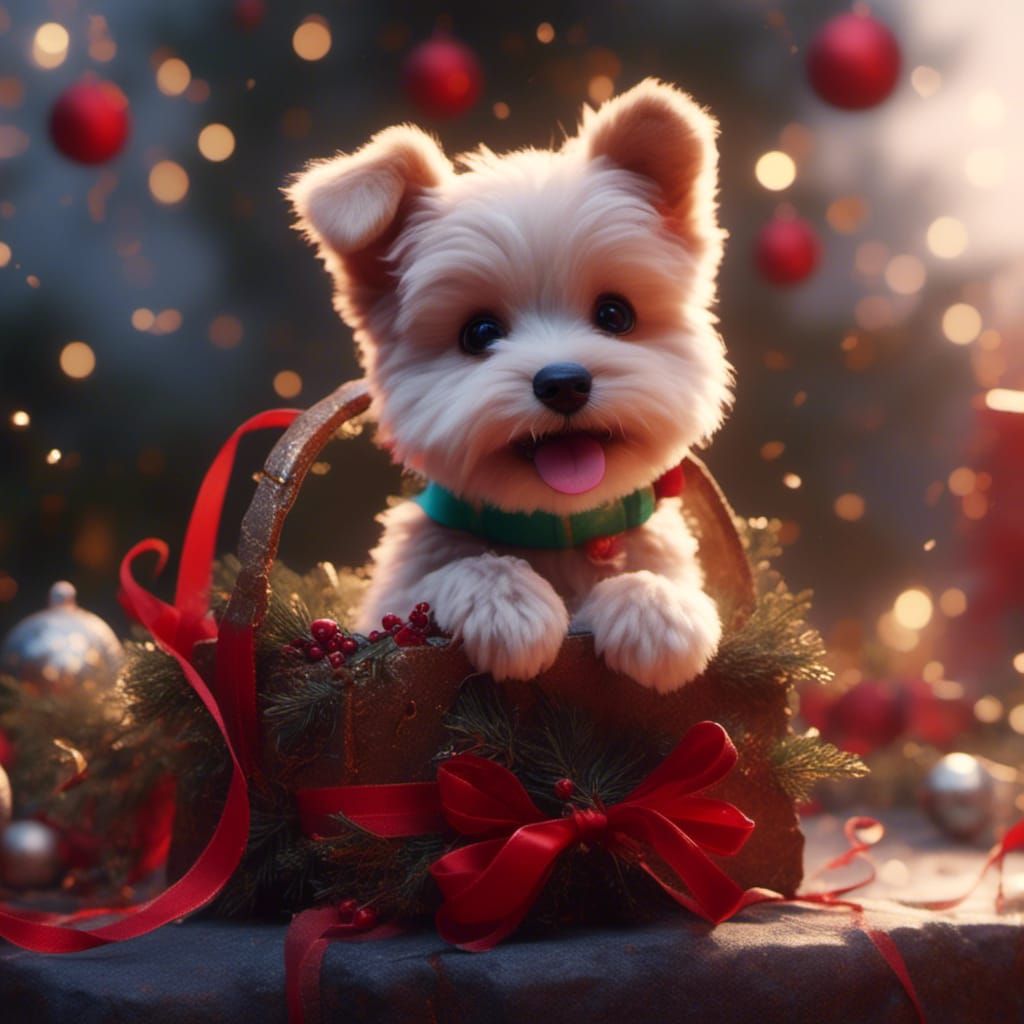 Vibrant Christmas Puppy with Intricately Detailed Red Ribbon...