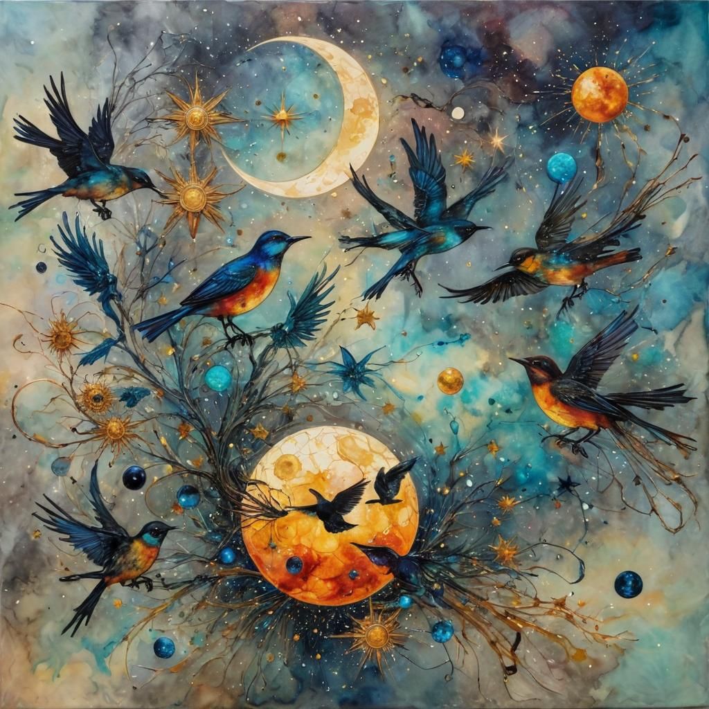 Surreal Cosmic Masterpiece with Intricately Detailed Birds