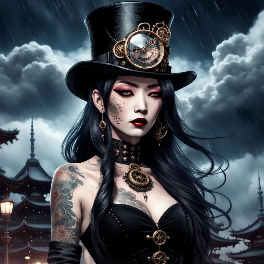 Gothic Japanese Girl with Intricate Tattoos and Steampunk Ac...