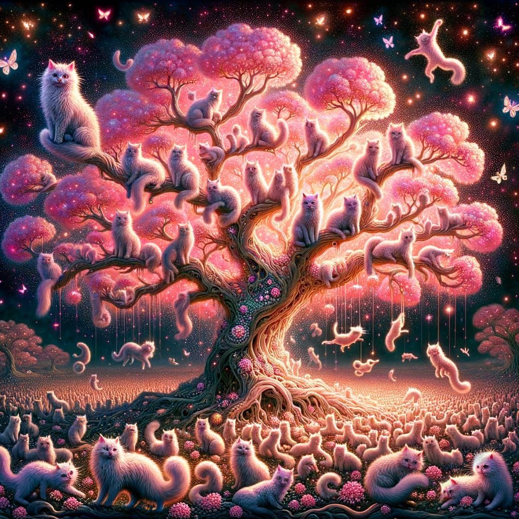 Whimsical Pink Punk Cats Tumble From Glowing Tree