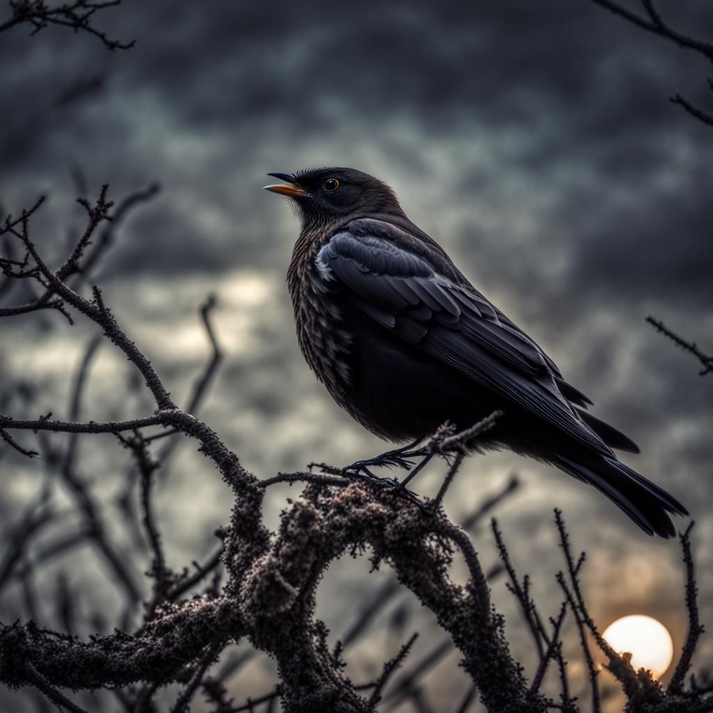 A Haunting Blackbird Takes Flight in the Shadows