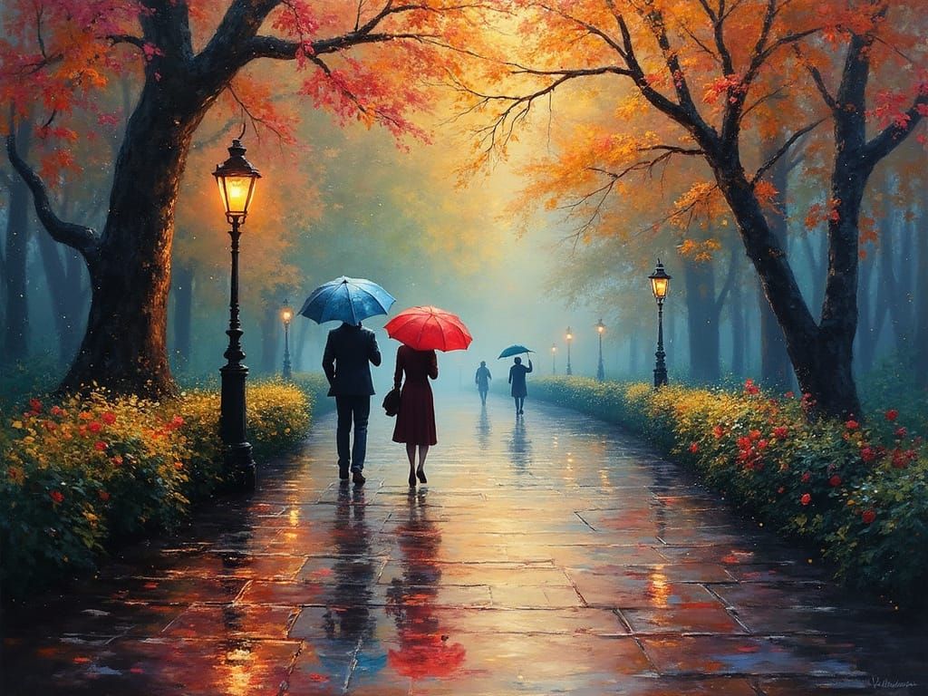 Whimsical Rainy Park Scene in Vibrant Impressionistic Oil Pa...