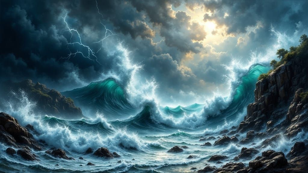 Stormy Seascape with Crashing Wave in Oil Painting Style