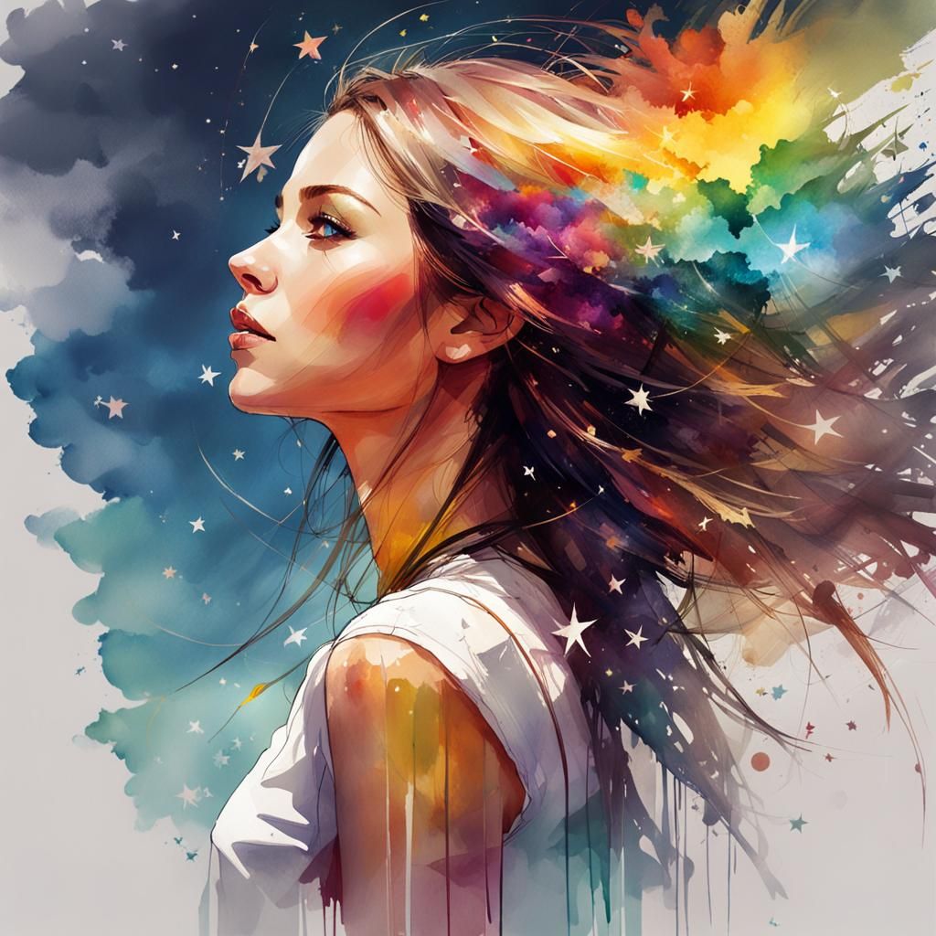 Girl Ascending to the Sky with Rainbow Hair in Stunning Deta...