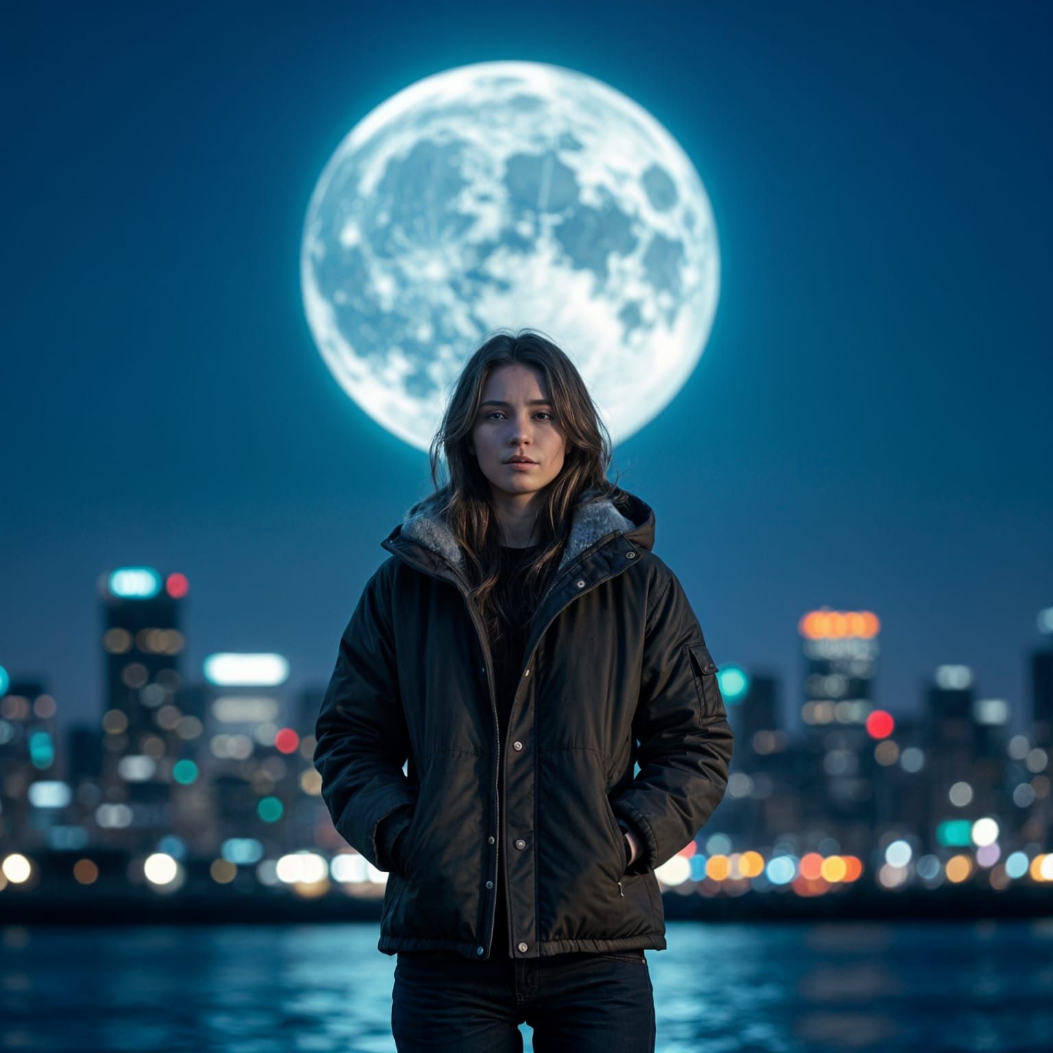 Person in Cityscape Moonlight: Hyperrealistic Splash Art