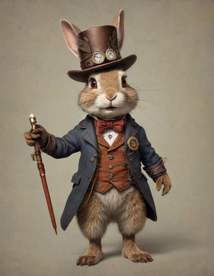Steampunk Rabbit in Victorian Outfits in Humorous, Dynamic S...