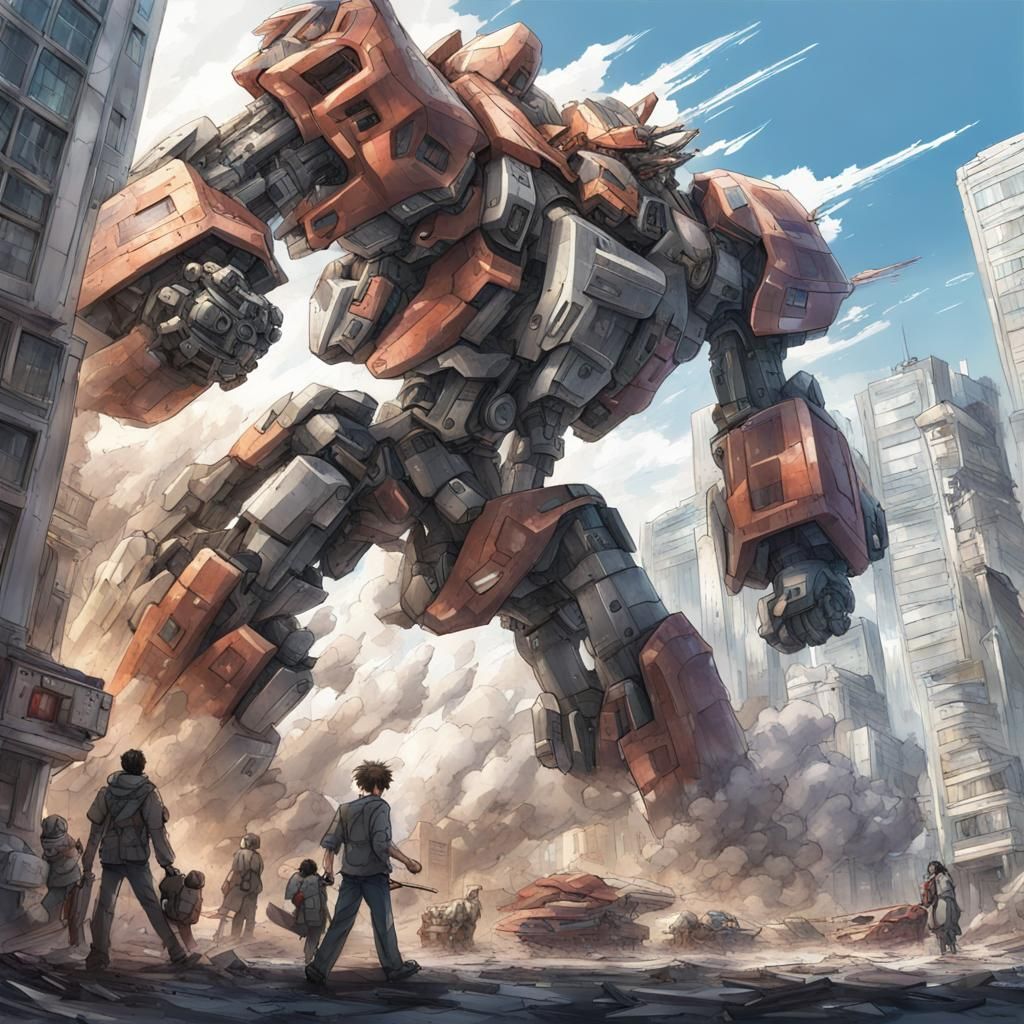 Cyberpunk Mecha Titan Unleashes Fury on Modern Metropolis
