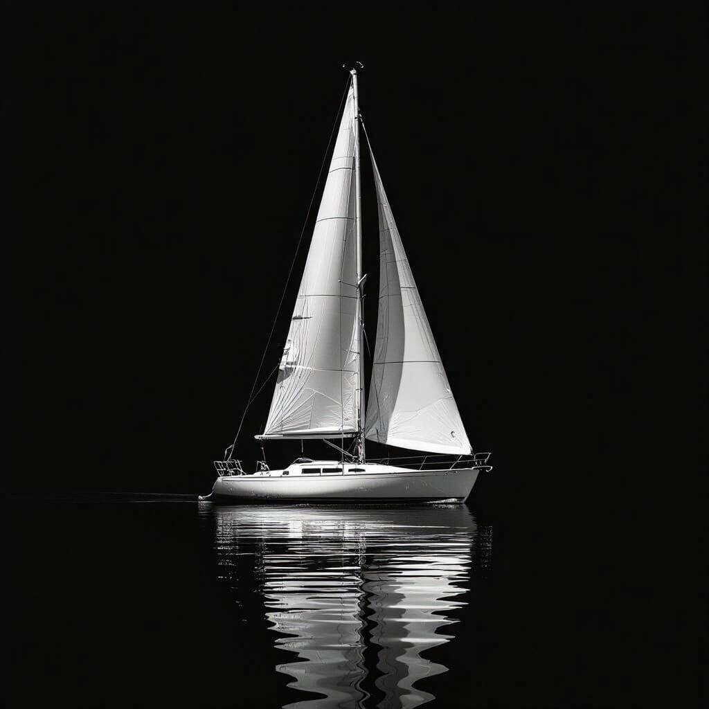 Solitary White Sailboat on Black Water Reflection