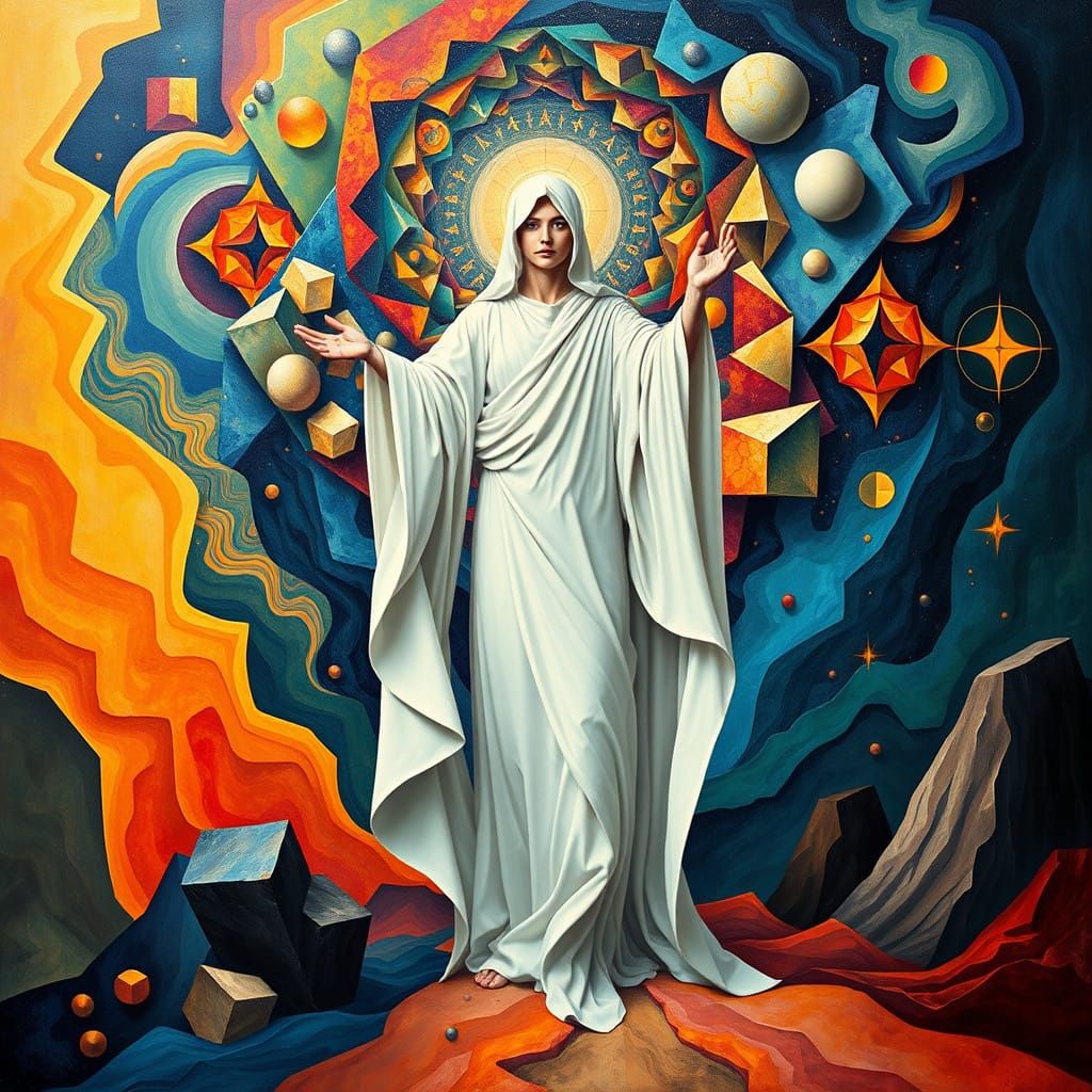 Embodying Infinity: A Mystical Figure in Abstract Cubism